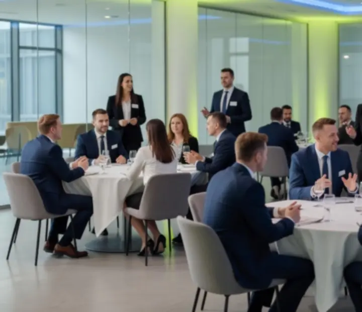 Profesjonalnie zaaranżowana sala na imprezę firmową z eleganckim oświetleniem i stołami eventowymi