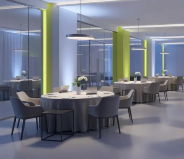 Nowoczesna, jasna scenografia imprezy firmowej w biało-błękitno-limonkowej kolorystyce