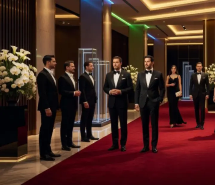 Dekoracje w stylu Hollywood Glam z eleganckim oświetleniem i czerwonym dywanem