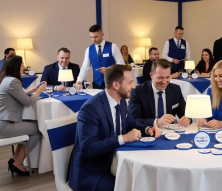 Goście podczas eleganckiej imprezy firmowej z atrakcjami stołowymi