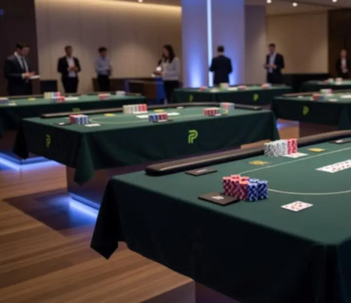 Stylowe sto&lstrok;y pokerowe z nastrojowym o&sacute;wietleniem na eleganckim evencie.