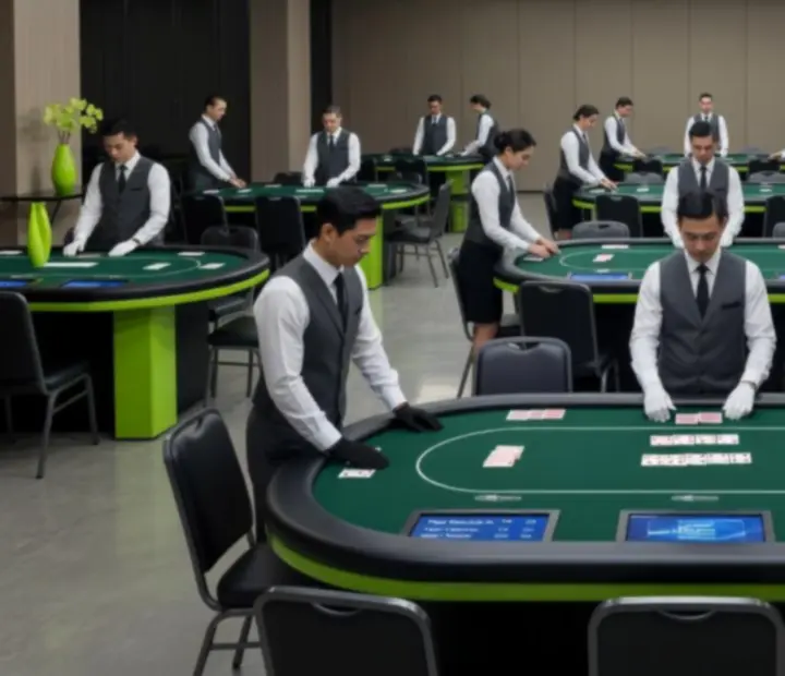Zesp&oacute;&lstrok; eventowy NAXSOL ENTERPRISES LTD aran&zdot;uje sto&lstrok;y pokerowe na eleganckiej sali.