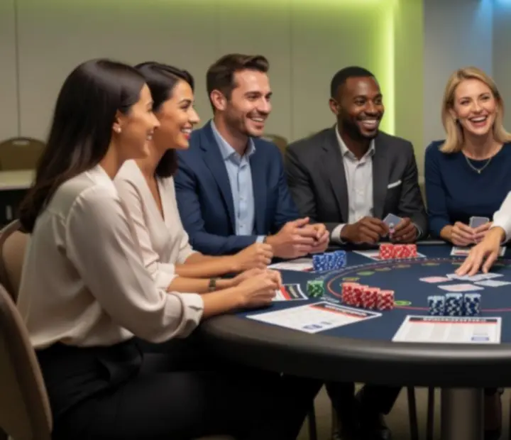 Goście bawiący się przy stolikach z atrakcjami poker, ruletka i blackjack
